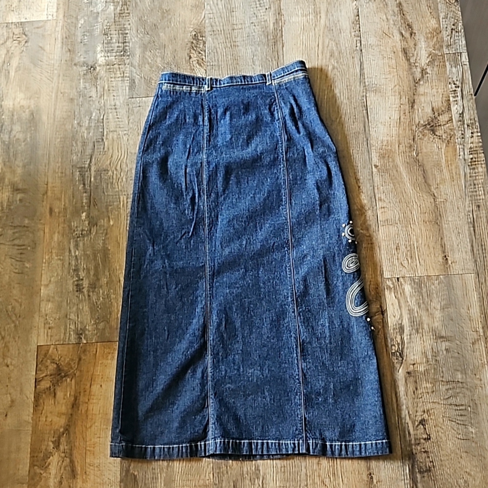 Vtg Lana Sport Long Maxi Lightweight Stretch Denim Embroidered Skirt Size 10